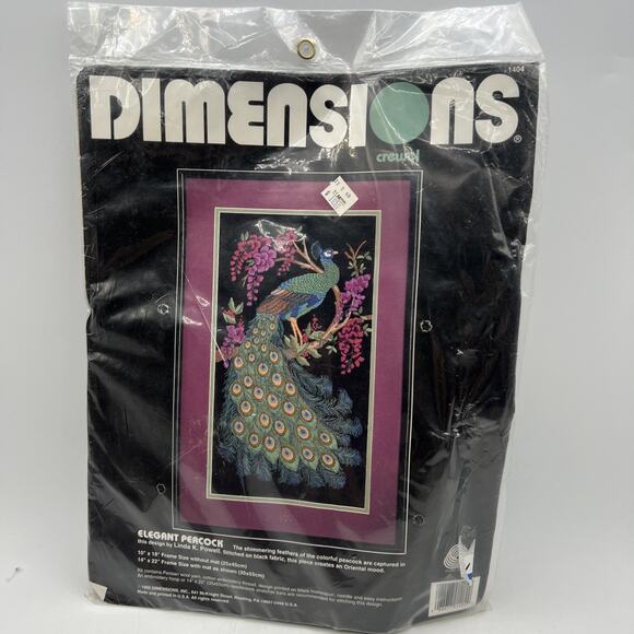 Dimensions Elegant Peacock Crewel Embroidery Kit Linda K. Powell 1404 Black 1992 - Picture 1 of 8